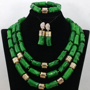 Handmade Green Coral Beads African Wedding Statement Necklace Set  Nigerian Gold Dubai Bridal Jewelry Set