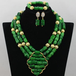 Handmade Green Coral Beads African Wedding Statement Necklace Set  Nigerian Gold Dubai Bridal Jewelry Set