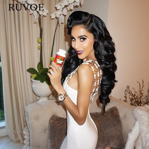 New Summer Sexy Women Bandage Dress White Black Metal Hollow Out O-Neck Knee-Length Elegant Lady Evening Party Dresses B-17