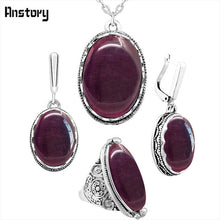 Load image into Gallery viewer, Oval Transparent Purple Opal Jewelry Set Necklace Earrings Ring Antique Silver Plated Stainless Steel Chain Fashion Jewelry