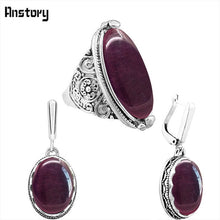 Load image into Gallery viewer, Oval Transparent Purple Opal Jewelry Set Necklace Earrings Ring Antique Silver Plated Stainless Steel Chain Fashion Jewelry