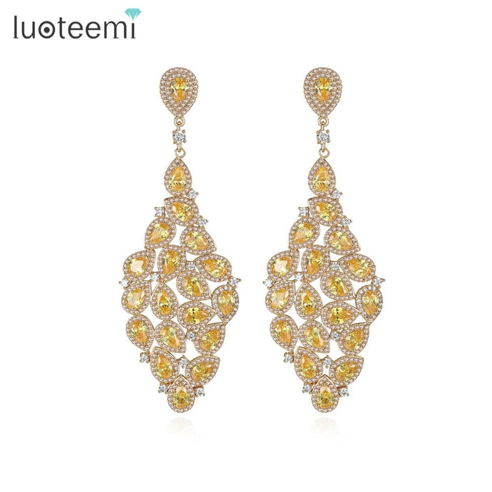 Indian Design Champagne Gold-Color Yellow Teardrop Large Drop Earrings for Women Fashion Wedding Jewelry