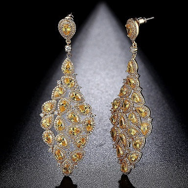 Indian Design Champagne Gold-Color Yellow Teardrop Large Drop Earrings for Women Fashion Wedding Jewelry
