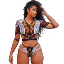 Load image into Gallery viewer, African Short Sleeve Dashiki Print Thong Swimwear Set