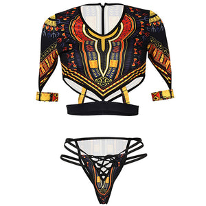 African Short Sleeve Dashiki Print Thong Swimwear Set