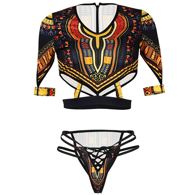 African Short Sleeve Dashiki Print Thong Swimwear Set