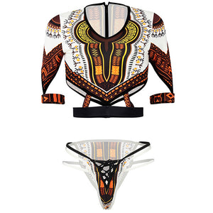 African Short Sleeve Dashiki Print Thong Swimwear Set