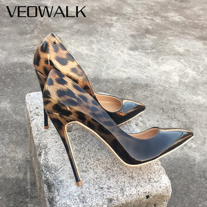 Veowalk Fashion Women Leopard Patent Leather Pumps Pointed Toe 8-12cm Stiletto Ultra High Heel Sexy Ladies Party Shoes Size34-43