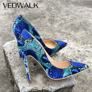 Veowalk Snake Printing Leather Women Super High Heels Sexy Ladies Pointed Toe Stiletto Pumps Slip on Heeled Party Shoes Blue