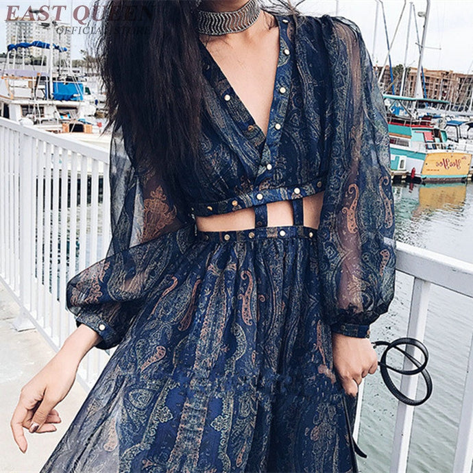 Women's summer sexy bohemian dress A-line printed embroidery hollow out lantern full sleeve Mexican v-neck dress AA3367  F