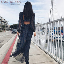 Load image into Gallery viewer, Women&#39;s summer sexy bohemian dress A-line printed embroidery hollow out lantern full sleeve Mexican v-neck dress AA3367  F