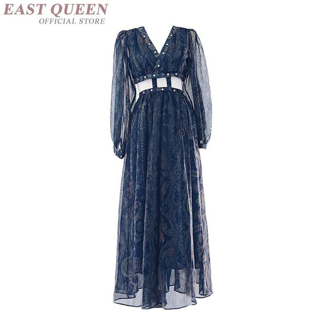 Women's summer sexy bohemian dress A-line printed embroidery hollow out lantern full sleeve Mexican v-neck dress AA3367  F
