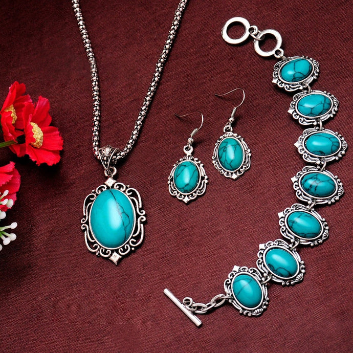 Fashion Silver Color Jewelry Set Vintage Stone Necklaces Bracelet Earring African Jewelry Sets for Women Women Bohemian Jewelry