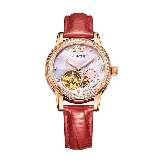 Mige 2018 New Real Mechanical Ladies Watch Fashion White Red Leather Female Clock Waterproof Skeleton Automatic Woman Watches