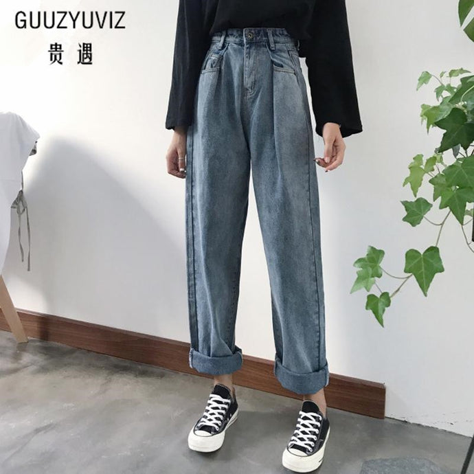 Woman Jeans Bleached Casual Boyfriend Denim Wide Leg Pants Oversize High Waist Jean