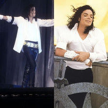 Load image into Gallery viewer, M J Memory of Michael Jackson Classic Black and White Arm brace US Star Show Shirt