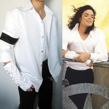 Load image into Gallery viewer, M J Memory of Michael Jackson Classic Black and White Arm brace US Star Show Shirt