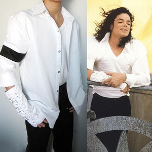 M J Memory of Michael Jackson Classic Black and White Arm brace US Star Show Shirt