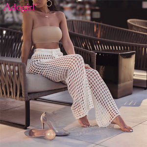 Flare Pants Solid Knitted Hollow Out Fishnet Wide Leg High Waist Lace Up Sashes Beach Wear