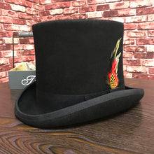 Load image into Gallery viewer, Black Men Woolen Fedora Hat Flat Mad Hatter Top Hat Traditional President Party Hat Steampunk Magic Hat with feather