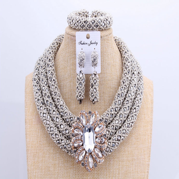 3 Layers African jewelry sets Wedding Silver Crystal Beads Jewelry Sets Elegant Nigerian Wedding Necklace Jewelry Set Brand New