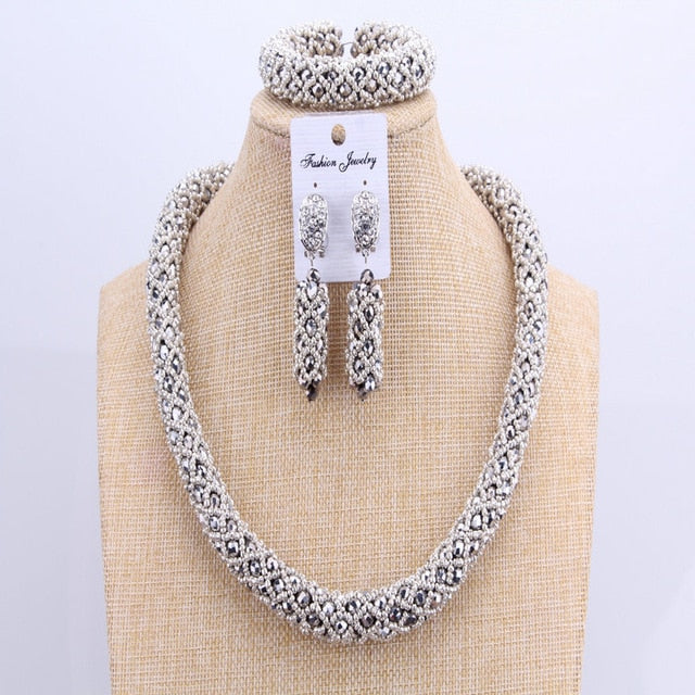 3 Layers African jewelry sets Wedding Silver Crystal Beads Jewelry Sets Elegant Nigerian Wedding Necklace Jewelry Set Brand New