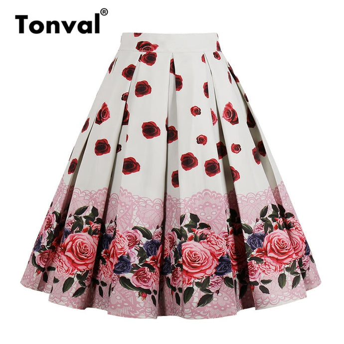 High Waist Floral Pleated Skirts Women's Summer Red Rose Flower Vintage Skirt Midi Plus Size 4XL Skirts