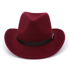 Load image into Gallery viewer, Wide Brim Cowboy Felt Hat Panama Trilby Jazz Fedora Hats with Leather Buckle Plain Woolen Chapeau for Men Women