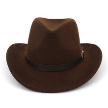 Load image into Gallery viewer, Wide Brim Cowboy Felt Hat Panama Trilby Jazz Fedora Hats with Leather Buckle Plain Woolen Chapeau for Men Women