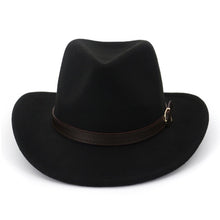 Load image into Gallery viewer, Wide Brim Cowboy Felt Hat Panama Trilby Jazz Fedora Hats with Leather Buckle Plain Woolen Chapeau for Men Women