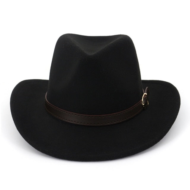 Wide Brim Cowboy Felt Hat Panama Trilby Jazz Fedora Hats with Leather Buckle Plain Woolen Chapeau for Men Women