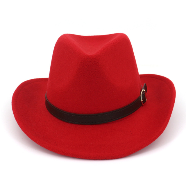 Wide Brim Cowboy Felt Hat Panama Trilby Jazz Fedora Hats with Leather Buckle Plain Woolen Chapeau for Men Women