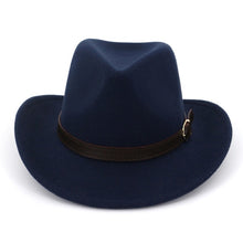 Load image into Gallery viewer, Wide Brim Cowboy Felt Hat Panama Trilby Jazz Fedora Hats with Leather Buckle Plain Woolen Chapeau for Men Women