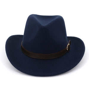 Wide Brim Cowboy Felt Hat Panama Trilby Jazz Fedora Hats with Leather Buckle Plain Woolen Chapeau for Men Women