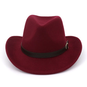 Wide Brim Cowboy Felt Hat Panama Trilby Jazz Fedora Hats with Leather Buckle Plain Woolen Chapeau for Men Women