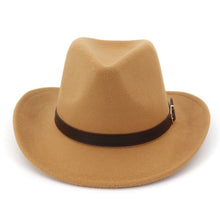 Load image into Gallery viewer, Wide Brim Cowboy Felt Hat Panama Trilby Jazz Fedora Hats with Leather Buckle Plain Woolen Chapeau for Men Women