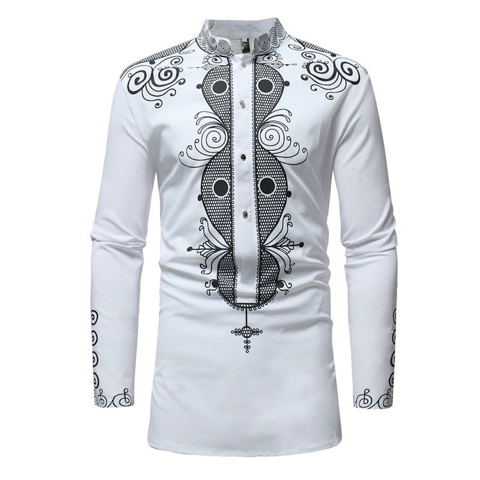 Men Dashiki Long Sleeve Mandarin Collar Dress Shirt  African Clothing Fashion