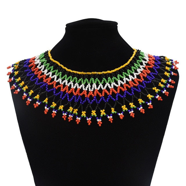 Ethnic Bohemian Bead Tassel Necklace Earring Set for Women