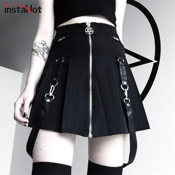 InstaHot Halloween Gothic A Line Skirts Women Autumn Zipper Pleated Plaid School  Mini Skirt Strap Sexy Solid Suspender Bottom