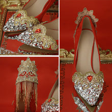 Load image into Gallery viewer, Wedding Shoes Red Color Chinese National Palace Tetro Style Rhinestone Tassel Gold Lace Flower Whole Sale Female Bride Pumps