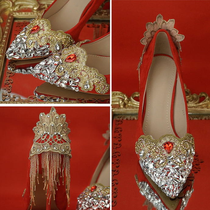 Wedding Shoes Red Color Chinese National Palace Tetro Style Rhinestone Tassel Gold Lace Flower Whole Sale Female Bride Pumps