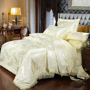 New Luxury Jacquard Bedding Sets Tencel Satin Silk cotton Queen King size 4pcs Duvet Cover Bed Flat Sheet Golden wedding lace