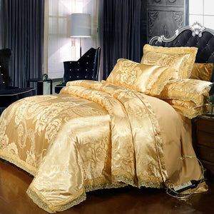 New Luxury Jacquard Bedding Sets Tencel Satin Silk cotton Queen King size 4pcs Duvet Cover Bed Flat Sheet Golden wedding lace