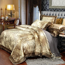 Load image into Gallery viewer, New Luxury Jacquard Bedding Sets Tencel Satin Silk cotton Queen King size 4pcs Duvet Cover Bed Flat Sheet Golden wedding lace