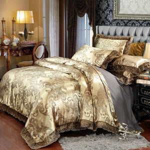 New Luxury Jacquard Bedding Sets Tencel Satin Silk cotton Queen King size 4pcs Duvet Cover Bed Flat Sheet Golden wedding lace