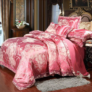 New Luxury Jacquard Bedding Sets Tencel Satin Silk cotton Queen King size 4pcs Duvet Cover Bed Flat Sheet Golden wedding lace