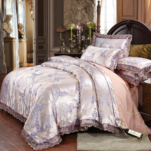 New Luxury Jacquard Bedding Sets Tencel Satin Silk cotton Queen King size 4pcs Duvet Cover Bed Flat Sheet Golden wedding lace