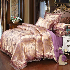 New Luxury Jacquard Bedding Sets Tencel Satin Silk cotton Queen King size 4pcs Duvet Cover Bed Flat Sheet Golden wedding lace