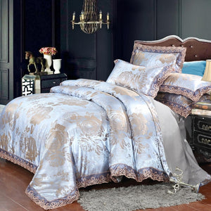 New Luxury Jacquard Bedding Sets Tencel Satin Silk cotton Queen King size 4pcs Duvet Cover Bed Flat Sheet Golden wedding lace