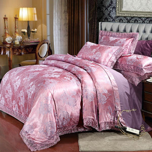 New Luxury Jacquard Bedding Sets Tencel Satin Silk cotton Queen King size 4pcs Duvet Cover Bed Flat Sheet Golden wedding lace